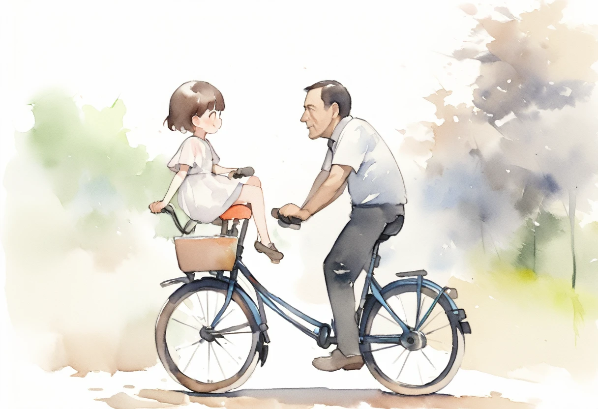 (Highest quality、masterpiece)、(5 year old girl riding a bicycle)、(Assisting Dad:1.2)、(Children's bicycles、whole)、(From the side)、(Cute face)、short hair、White clothes、shoes、(No background)、White Background、Blur the background、(Watercolor of singer Sargent)、Impressionist style painting、