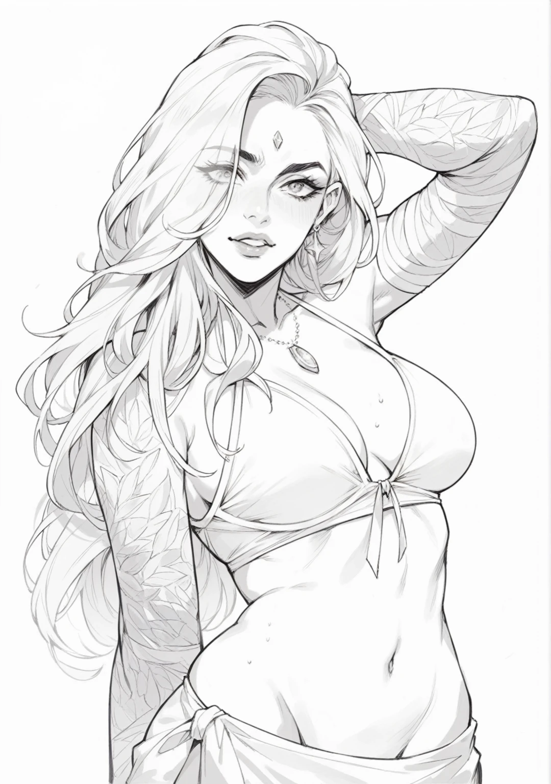 Masterpiece, Long hair, Beauty, Belly pocket, Delicate face portrayal 8kHD, Highest image quality, Crazy detail, fantasy, Clear and transparent, Rich picture, (line drawing:1.5), (white background:1.4), (coloring book:1.7), (sketch:1.9), (line art:1.9), (extremely intricate:1.2), (monochrome:1.1), (lineart:1.5), by frank cho and Adam Hughes, (bare midriff), (bare shoulders), (bare thighs:0.9), (elegant hands), (toned stomach:1.1), waist chain, belly chains, (thong Crystal Body Chain Jewelry Harness), (nearly naked:1.4), (big breasts:1.1), action pose