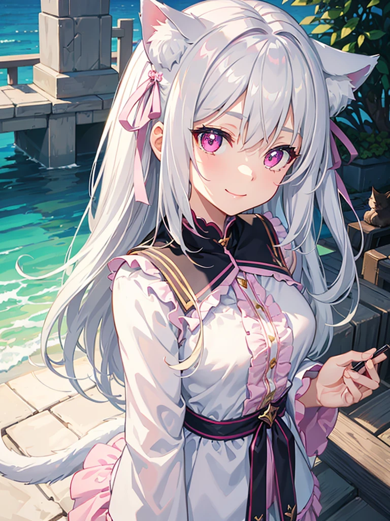 Highly detailed face,fine grain,Waterfront,Highlighted eyes, medium breasts ,pretty girl, smile shyly,Cat ear,Beautiful silver hair,Pink inside,Beautiful pink eyes,shiny skin, beautiful shadow,White sailor uniform,ribbon, I want to send a letter to you

