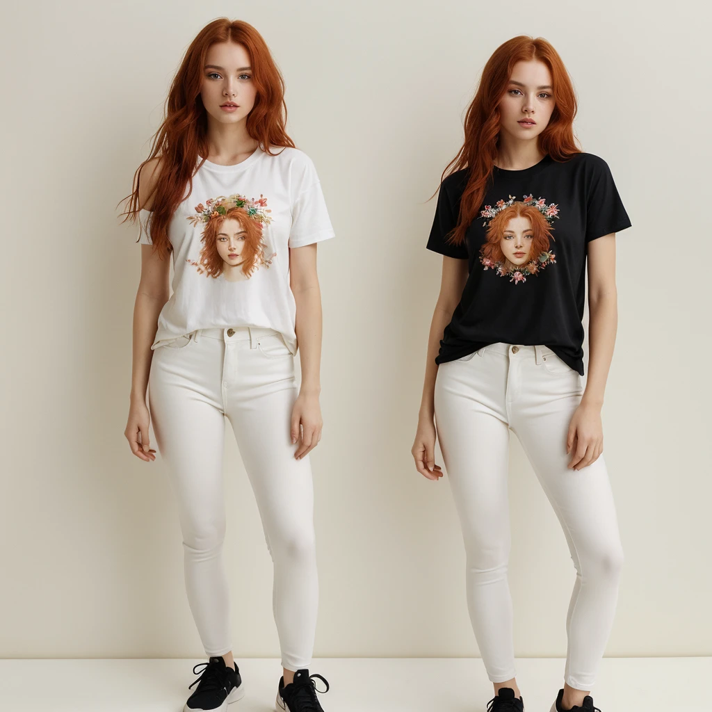 (((Masterpiece))), 25-year-old Caucasian French girl with shoulder-length messy red hair, adorned with , blooming hair akin to a royal . Captured in the best quality, this illustration serves as a 4K wallpaper, black denim katana, cream T-shirt, black leggings, black Nike shoes, full silhouette, sunny day.