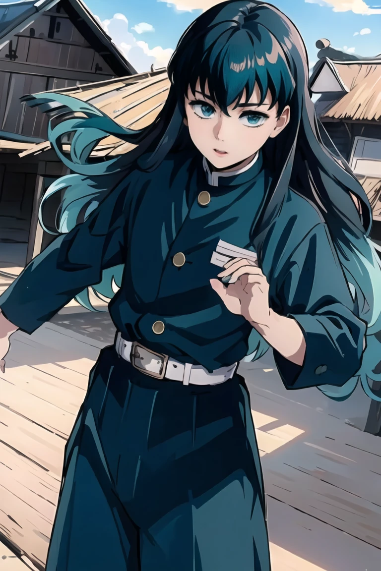 masterpiece, Best quality, (1 boy:1), Demon Slayer Uniform, One, long hair, looking at the viewer, bang, black hair, sea green eyes, multicolored hair, Tokito_Muichiro, weapon , male focus, trousers, (( village with wooden house)), daytime,