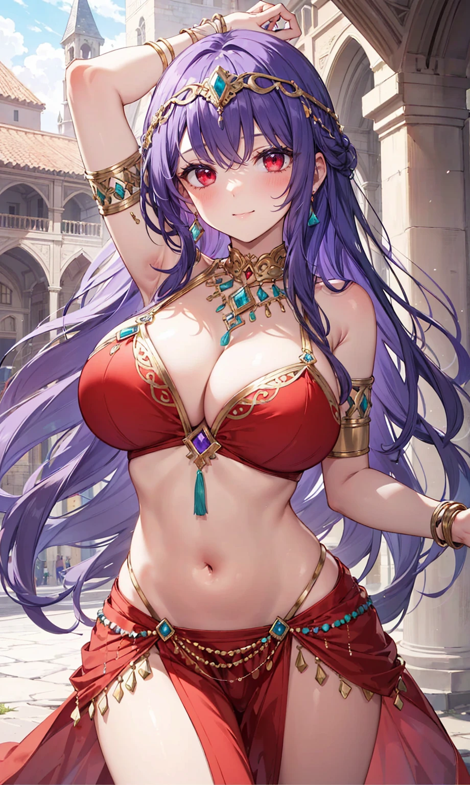 high quality, ultra detailed, best quality, insanely detailed, beautiful, masterpiece, 1girl, medieval plaza, cowboy shot, red eyes, long hair, purple hair, belly dancer, circlet, earrings, armlets, bracelets, bashful smile, large breasts, cleavage, soft stomach