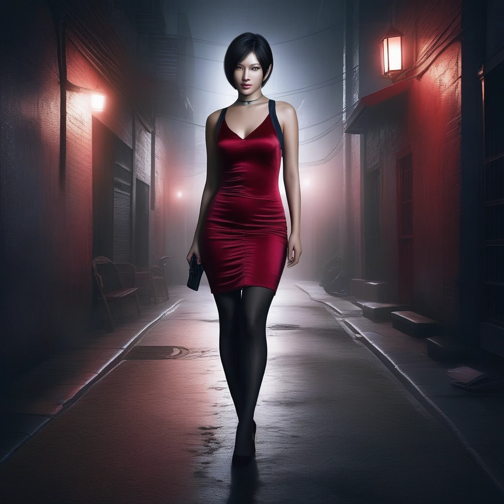 Ultra-realistic and extremely detailed real-life 8k masterpiece of a beautiful Asian woman re ada wong wearing a black pantyhose re2 style dress in a dark alley at night, extremely detailed facial features, dark and scary epic lighting, horror composition