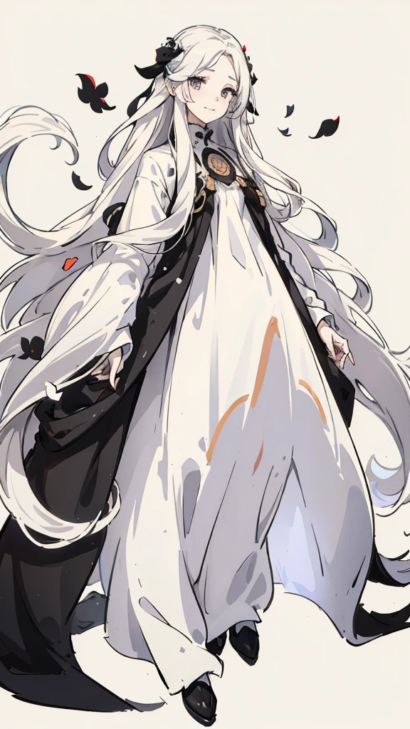Woman , long wavy white hair, long wavy white hair , long wavy hair, long wavy hair, black eyes, black eyes, FOV, f1.8, masterpiece, front portrait shot, black and white casual modern clothing, plain white colored background with black petals, blac petals, close up, smiling, full body