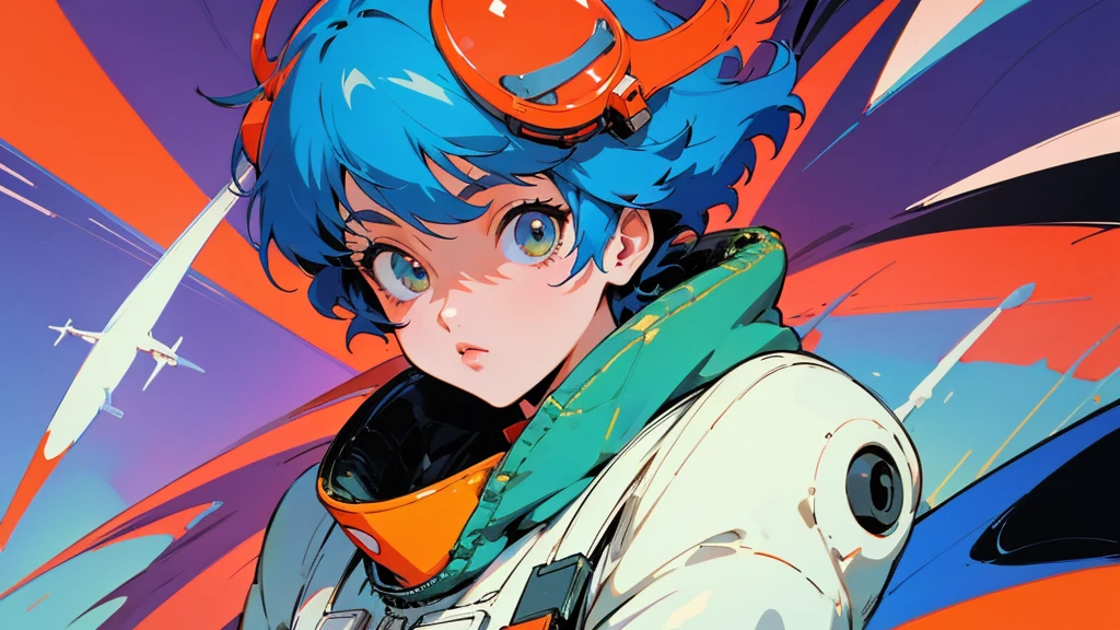A cartoon character wearing a space suit and flying an airplane, Portrait Anime Astronaut Girl, Pilot Girl, cute Pilot Girl, Lo-fi Girl, Akira art style, Macross Style, Akira-style illustration, style of akira motion movie, M cross, Akira Vibe, Inspired by Josan Gonzalez, Lofi Art, Admire the art style, 80s anime art style,girl,Shortcuts