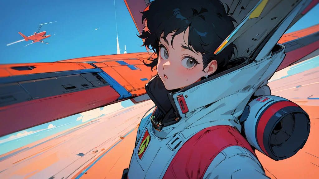 A cartoon character wearing a space suit and flying an airplane, Portrait Anime Astronaut Girl, Pilot Girl, cute Pilot Girl, Lo-fi Girl, Akira art style, Macross Style, Akira-style illustration, style of akira motion movie, M cross, Akira Vibe, Inspired by Josan Gonzalez, Lofi Art, Admire the art style, 80s anime art style,girl,Shortcuts