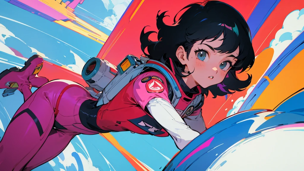 A cartoon character wearing a space suit and flying an airplane, Portrait Anime Astronaut Girl, Pilot Girl, cute Pilot Girl, Lo-fi Girl, Akira art style, Macross Style, Akira-style illustration, style of akira motion movie, M cross, Akira Vibe, Inspired by Josan Gonzalez, Lofi Art, Admire the art style, 80s anime art style,girl,Shortcuts