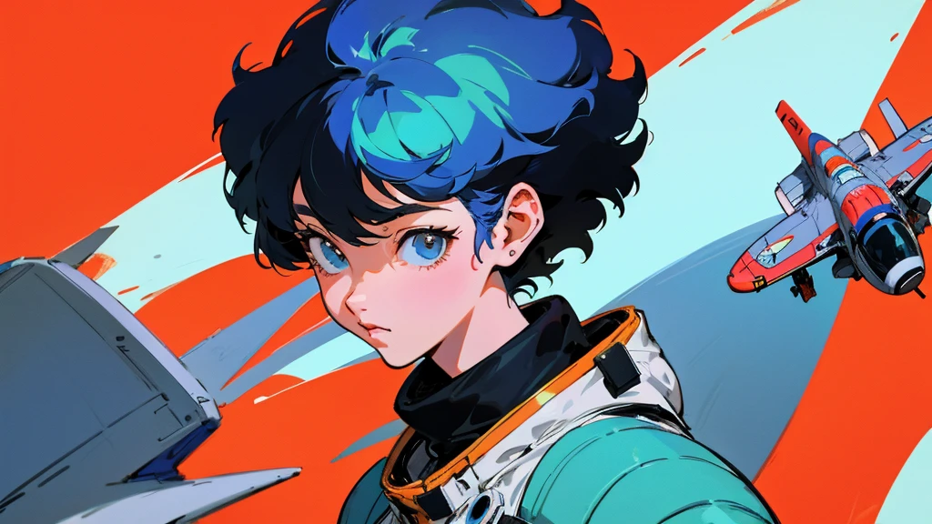A cartoon character wearing a space suit and flying an airplane, Portrait Anime Astronaut Girl, Pilot Girl, cute Pilot Girl, Lo-fi Girl, Akira art style, Macross Style, Akira-style illustration, style of akira motion movie, M cross, Akira Vibe, Inspired by Josan Gonzalez, Lofi Art, Admire the art style, 80s anime art style,girl,Shortcuts