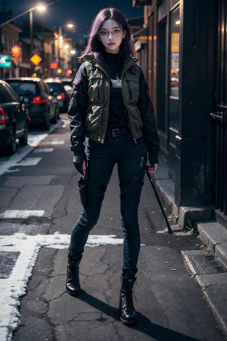 ((best quality)), ((masterpiece)), (detailed), perfect face, 1 girl, purple hair, blue beautiful eyes, tactical gear, military, black military pants, black military boots, black military jacket, military tactical vest, city. Night, winter, glasses, (real、photorealistic、photorealistic: 1.37) soft lighting、roma、subtle shadow、intense colors、enchantingly illuminated、high contrast, full body