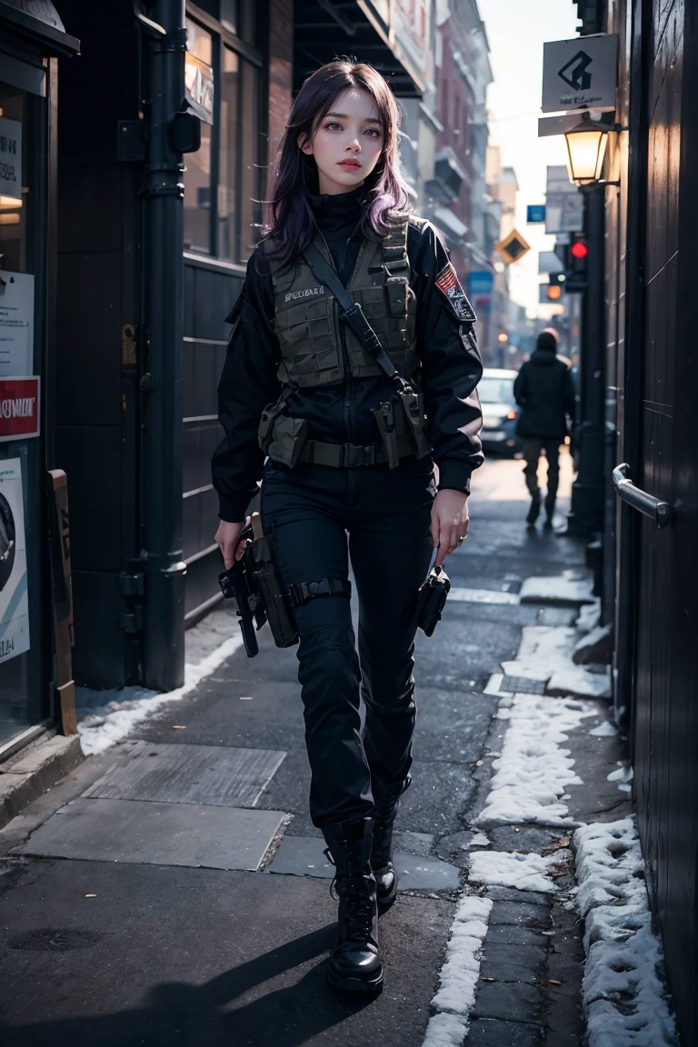 ((best quality)), ((masterpiece)), (detailed), perfect face, 1 girl, purple hair, blue beautiful eyes, tactical gear, military, black military pants, black military boots, black military jacket, military tactical vest, city. Night, winter, glasses, (real、photorealistic、photorealistic: 1.37) soft lighting、roma、subtle shadow、intense colors、enchantingly illuminated、high contrast, full body