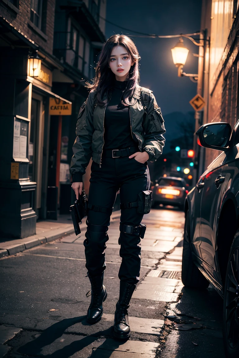 ((best quality)), ((masterpiece)), (detailed), perfect face, 1 girl, purple hair, blue beautiful eyes, tactical gear, military, black military pants, black military boots, black military jacket, military tactical vest, city. Night, winter, glasses, (real、photorealistic、photorealistic: 1.37) soft lighting、roma、subtle shadow、intense colors、enchantingly illuminated、high contrast, full body