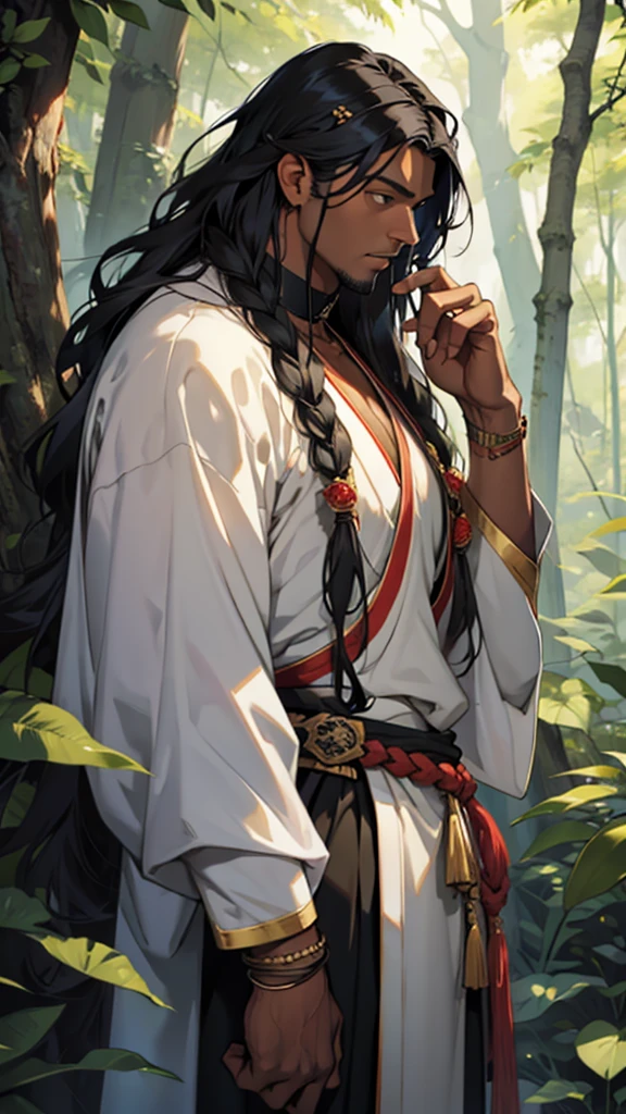 A tall black man with long hair and wearing a finger garland around his neck, has a big sword in his hand, Buddha talks to him in the middle of the forest.