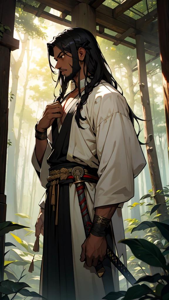 A tall black man with long hair and wearing a finger garland around his neck, has a big sword in his hand, Buddha talks to him in the middle of the forest.