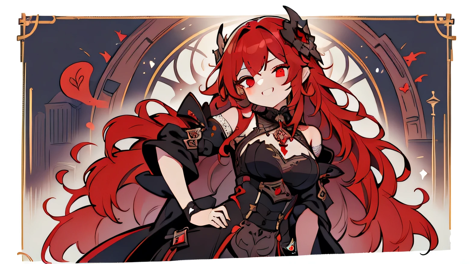 masterpiece, beautiful detailed, { wearing gothic fashion}, dark theme color,  red Eyes, red hair, wavy hair, 1girl, smile, medium breasts, hair ornament, hair intakes, {{{{{Alphonse Mucha}}}}},{{{bold outline}}}, limited palette