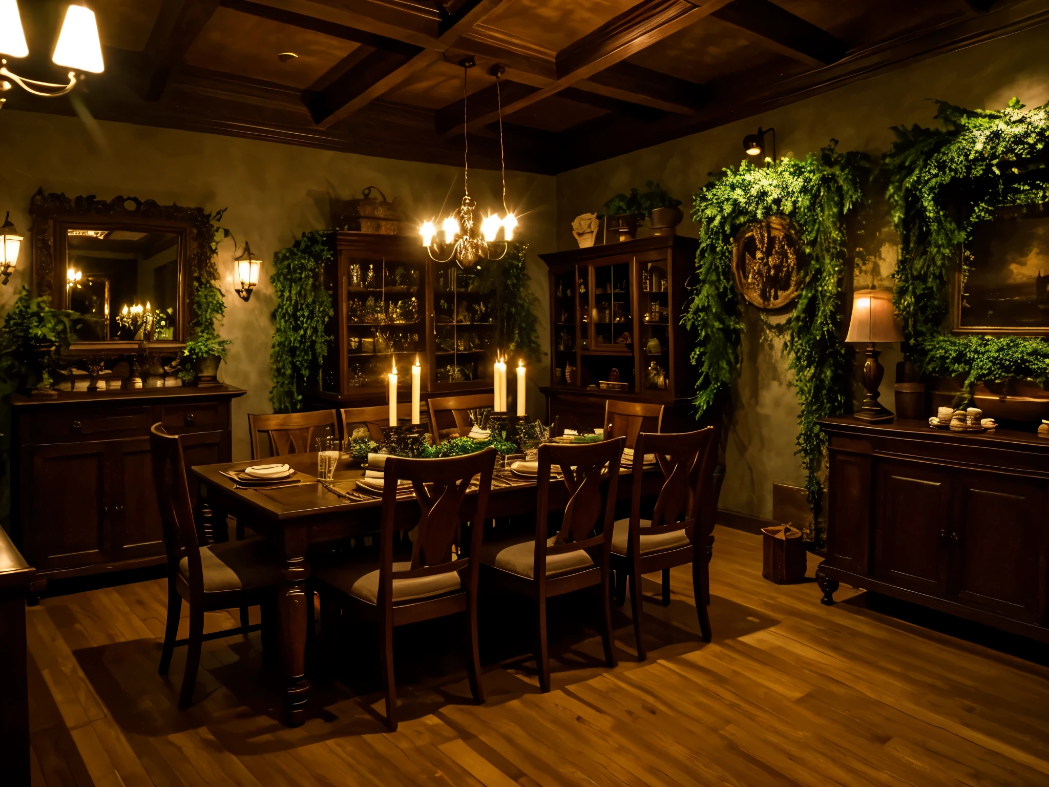 masterpiece, 4k, slightly dim light, harry potter, with some magical decorations, dining room, lighter and warmer color with plants