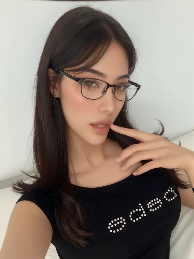 a close up of a woman wearing glasses and a black shirt, with glasses, with glasses on, thick glasses, glasses, gorgeous female jade tailor, girl with glasses, spectacled, 18 years old, wavy long black hair and glasses, with square glasses, 2 8 years old, nerdy glasses, glasses glasses, eyeglasses, 21 years old, itgirl, pretty latina girl 