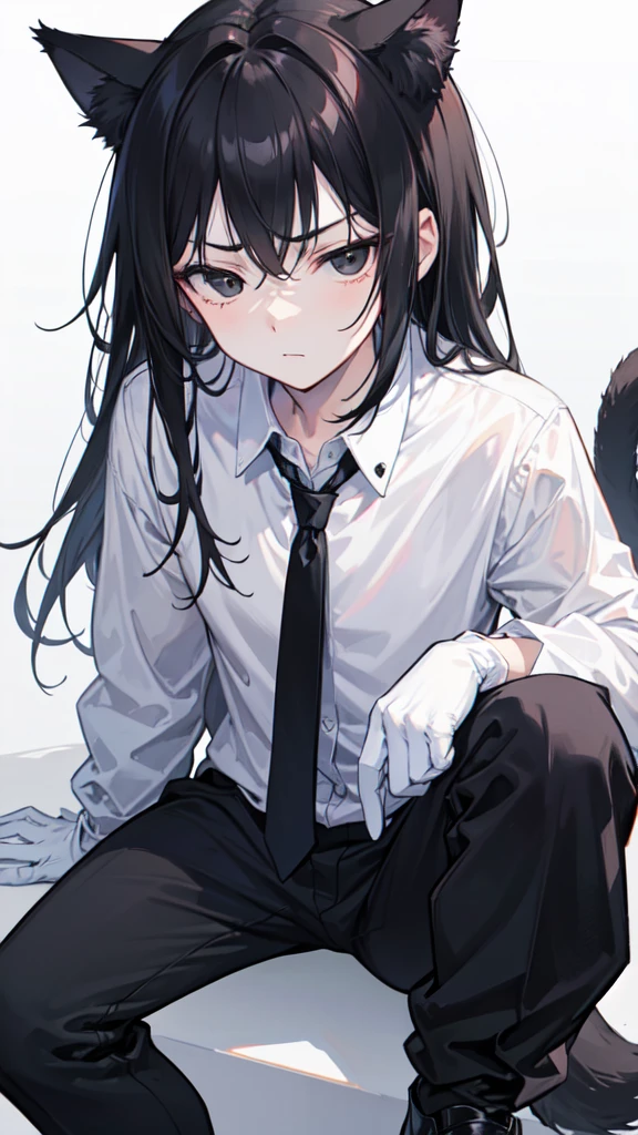 16-year-old boy,cute,Wear a white short-sleeved shirt and a black work tie,Wear black pants,Wear black booties,Wear white gloves,wear cat ear,Black hair,Black eyes,blush,sweat,shy,Looks very popular,uncomfortable,porn,Close-up photo