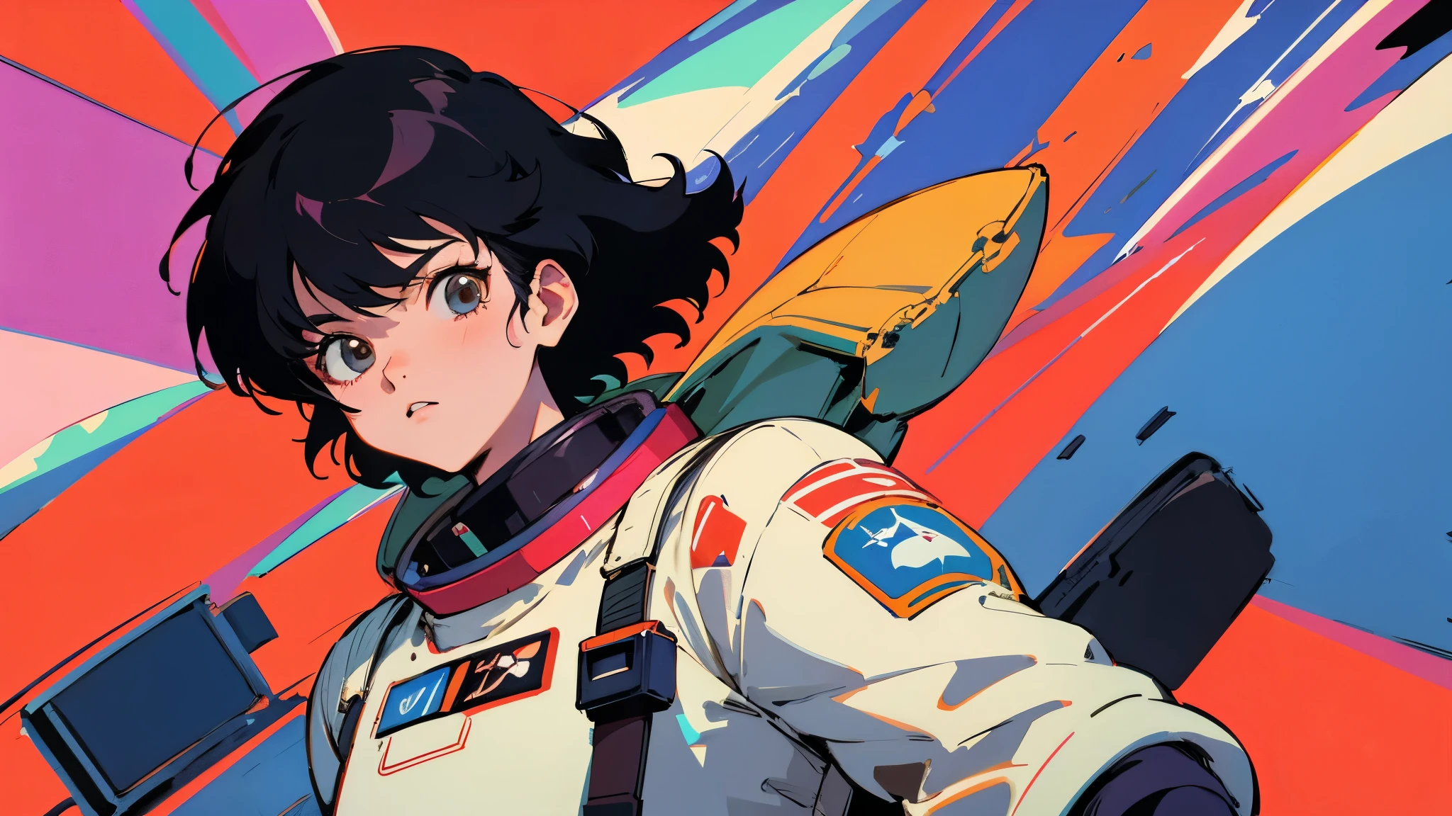 A cartoon character wearing a space suit and flying an airplane, Portrait Anime Astronaut Girl, Pilot Girl, cute Pilot Girl, Lo-fi Girl, Akira art style, Macross Style, Akira-style illustration, style of akira motion movie, M cross, Akira Vibe, Inspired by Josan Gonzalez, Lofi Art, Admire the art style, 80s anime art style,girl,Shortcuts