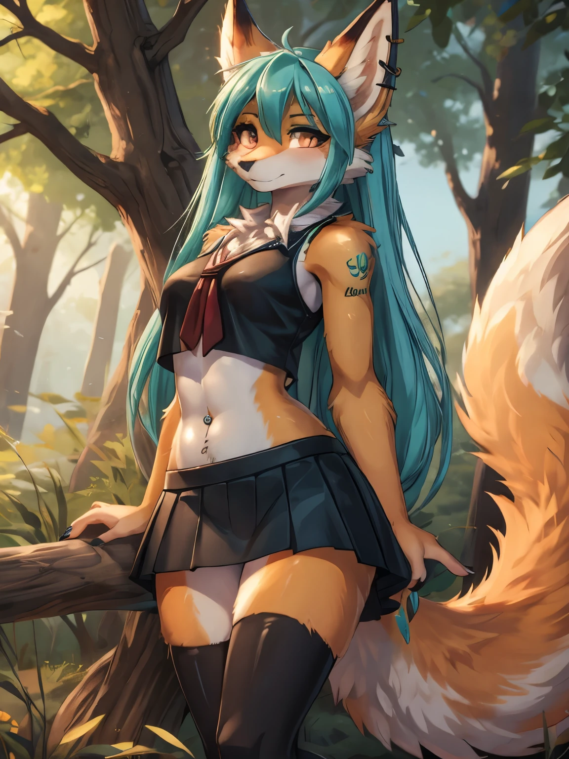 Chica anime, anime style, cute hatsune miku x vixen, shy girl , Orejas de Kitsune, arte de dark natasha, autum forest landscape, arte de vixen aztra, cuerpo completo, patas hermosas, cintura delgada, caderas amplias, piernas torneadas, hermosa, foto de cuerpo completo, sensual navel blouse, black mini skirt, navel piercing, ear piercing, navel tattoo, shy pose, beatifull and detailed hands, cheerleader