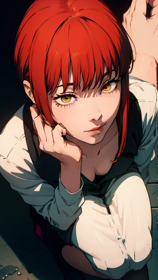 The character Makima from the anime series Chainsaw Man, fragile, full length (Full body 1.1.), dark background, darkness, Correct anatomy 1.1, correct hand anatomyVery sexy, erotica, very feminine, beautiful figure, legs, Buttocks, Beautiful body, red hair, orange eyes, Red circles for schoolchildren, summer dress, sexy pose, realistic, very detailed, Beautiful body, detailed body, detailed hands, detailed, Vibrating, detailed Face, Makima character design. very detailed, detailed body, detailed hands, detailed Face, Anime art, Hugh Details, Very downcast face, detailed eyes, Super thin illustration, best shadow, Fine detail, beautiful detailed glow, beautiful detailed, Extraordinarily beautiful, extremely detailed, inexpressive, Epic composition, Anime style. anime art anime art, Anime style,