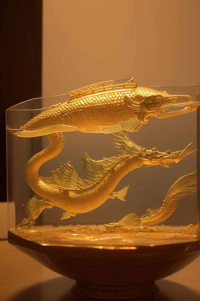 a crystal clear glass fish tank on a divine altar, transparent and delicate, representing leaping carp, descending dragon, bountiful harvest, 1girl, detailed beautiful eyes, detailed beautiful lips, extremely detailed face and eyes, long eyelashes, serene expression, elegant traditional chinese dress, kneeling pose, detailed ornate altar, ornate golden decorations, intricate dragon carvings, glowing soft light, warm color tones, cinematic lighting, (best quality,4k,8k,highres,masterpiece:1.2),ultra-detailed,(realistic,photorealistic,photo-realistic:1.37),digital painting,concept art,award winning