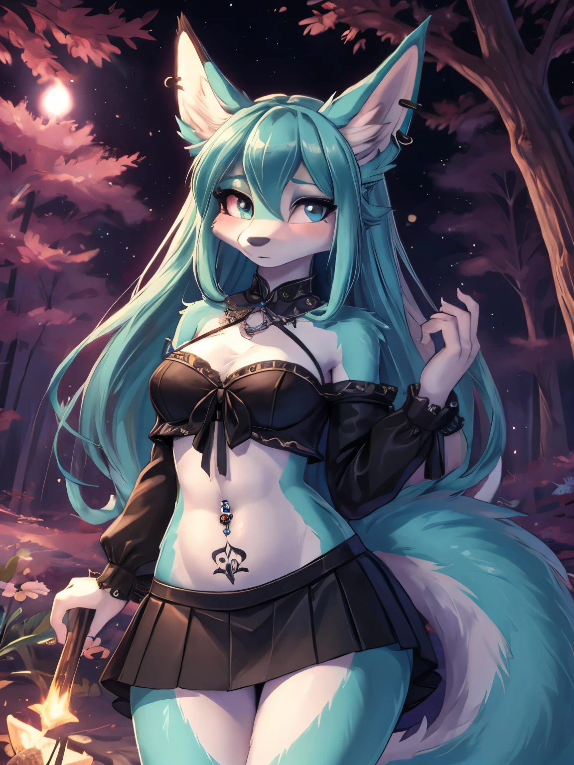 Chica anime, anime style, cute hatsune miku x suicune, shy girl , Orejas de Kitsune, arte de dark natasha, autum forest landscape, arte de vixen aztra, cuerpo completo, patas hermosas, cintura delgada, caderas amplias, piernas torneadas, hermosa, foto de cuerpo completo, sensual navel blouse, black mini skirt, navel piercing, ear piercing, navel tattoo, shy pose, beatifull and detailed hands, hincada en una playa mirando las estrellas de noche, witch girl, black aura, magic girl, witc dress, pentagrama in flor, sensual naged