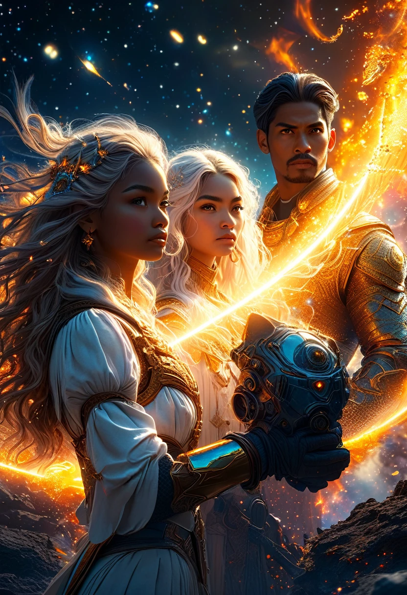 In a celestial dreamland landscape, people dressed luxuous, differents faces, they are all brown skin, (((in 40's))) (((two brown skin men and two brown skin whitehair:1.7 woman))), (((two young brown skin long brown hair prine:1.3))), (((one brown skin whitehair1.5 woman))) and (((one white hair woman1.3))) trying to kill him with powers, dangerous scene, war, battle, luminuous stars, chaos, fire, destrctions, 8K, extremely detailed, high quality, (photorealistic:1.37), Full body, vibrant colors, perfect lighting, soulful expressions, celestial aura, majestic presence, dreamlike atmosphere, 8 k artistic photography, photorealistic concept art, soft natural volumetric cinematic perfect