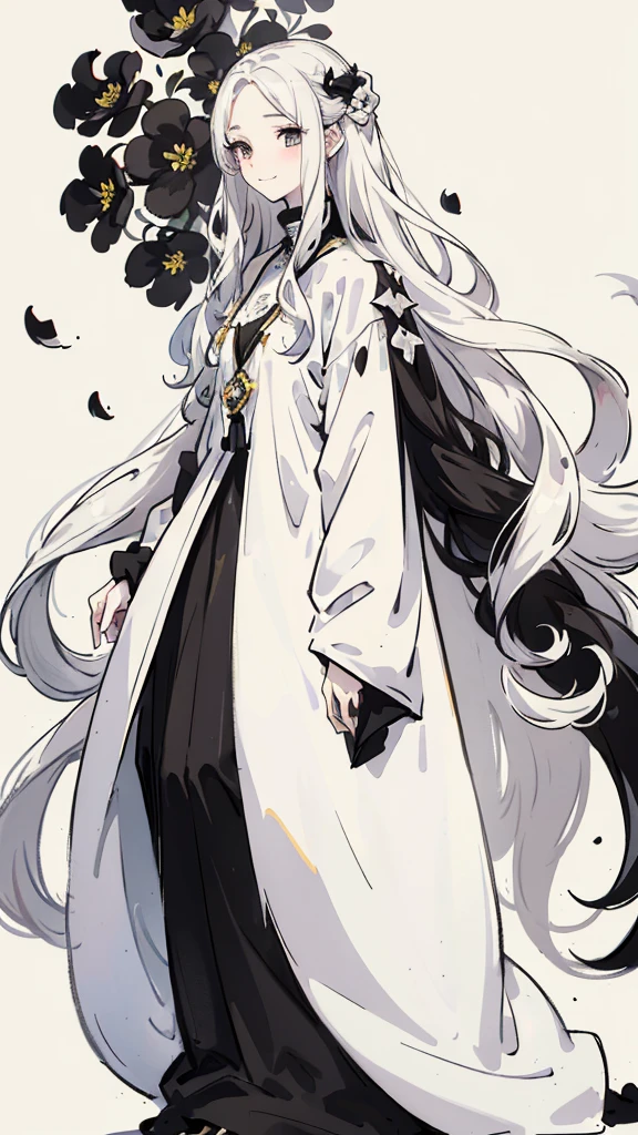 Woman , long wavy white hair, long wavy white hair , long wavy hair, long wavy hair, black eyes, black eyes, FOV, f1.8, masterpiece, front portrait shot, black and white casual modern clothing, plain white colored background with black petals, black petals, close up, smiling, full body