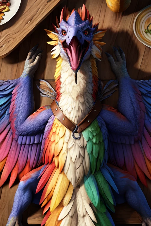 Top down view of Colorful feathered Dead wyvern laying on the table, Wings spread out and Strapped to the table, Mouth open, close up. Photorealistic. Head on the edge of the table, head near camera. Milk spilled on top of wyvern’s head and mouth