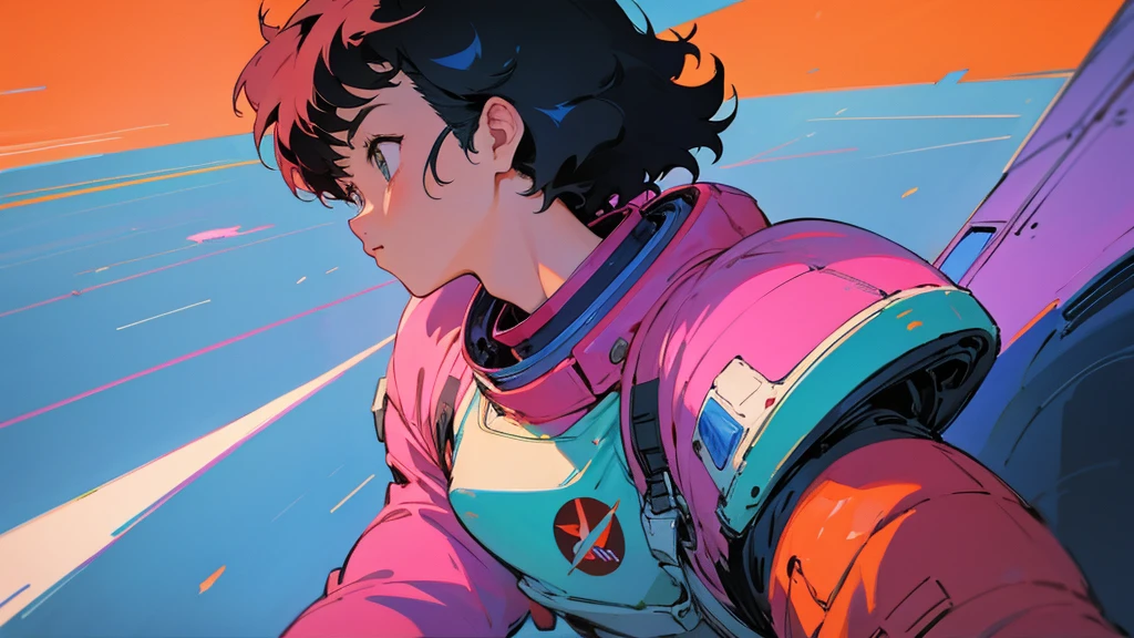 A cartoon character wearing a space suit and flying an airplane, Portrait Anime Astronaut Girl, Pilot Girl, cute Pilot Girl, Lo-fi Girl, Akira art style, Macross Style, Akira-style illustration, style of akira motion movie, M cross, Akira Vibe, Inspired by Josan Gonzalez, Lofi Art, Admire the art style, 80s anime art style,girl,Shortcuts