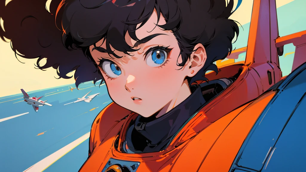 A cartoon character wearing a space suit and flying an airplane, Portrait Anime Astronaut Girl, Pilot Girl, cute Pilot Girl, Lo-fi Girl, Akira art style, Macross Style, Akira-style illustration, style of akira motion movie, M cross, Akira Vibe, Inspired by Josan Gonzalez, Lofi Art, Admire the art style, 80s anime art style,girl,Shortcuts