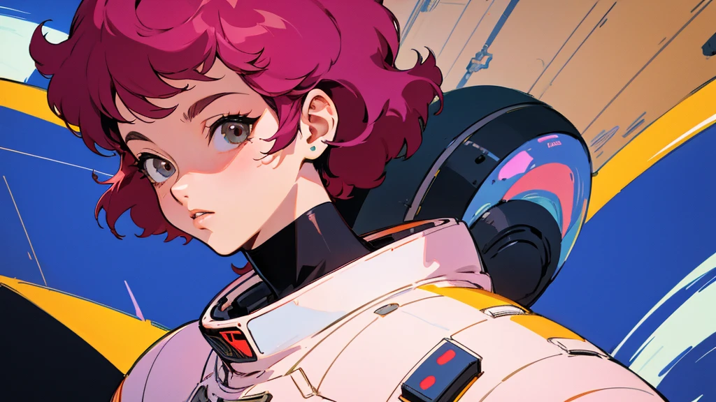 A cartoon character wearing a space suit and flying an airplane, Portrait Anime Astronaut Girl, Pilot Girl, cute Pilot Girl, Lo-fi Girl, Akira art style, Macross Style, Akira-style illustration, style of akira motion movie, M cross, Akira Vibe, Inspired by Josan Gonzalez, Lofi Art, Admire the art style, 80s anime art style,girl,Shortcuts