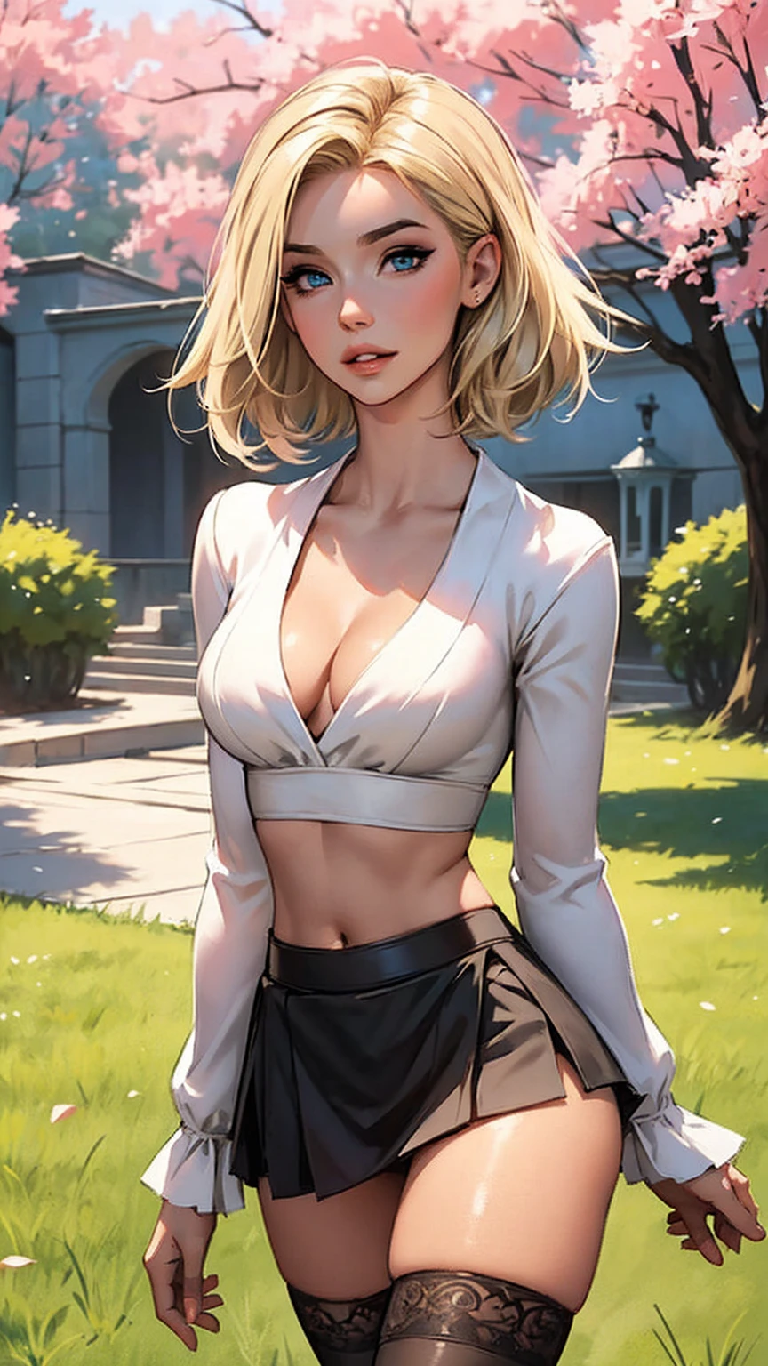 Highest Quality, masterpiece, beautifully detailed eyes,, short Blonde Hair, Gradient Hair, pink highlights in hair, large breasts, standing, makeup, glossy lips, full lips, (natural lighting), grass, small top, light smile, midriff, collarbone, thigh highs, miniskirt, cleavage