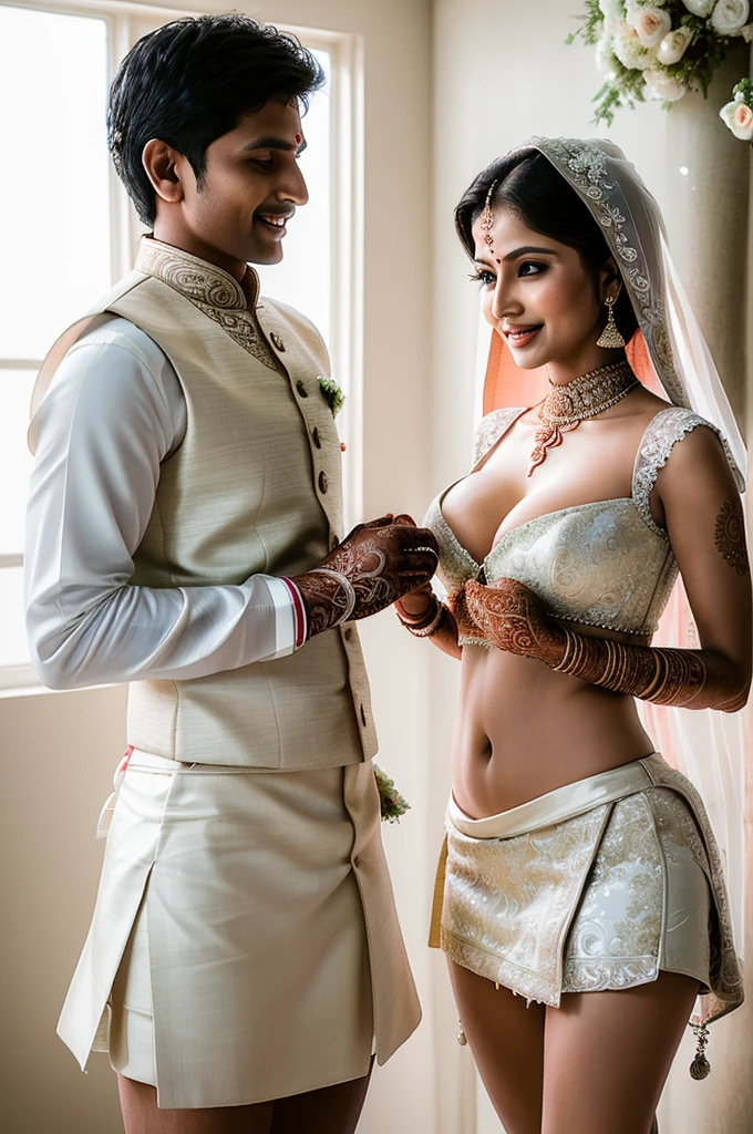 (( Indian Mother and son getting married picture:1.5)), Ultra detailed photo of a ultra sexual incredibly gorgeous Indian 32 year old sexy angelic supermodel mother bride, ((ultra sexy bridal miniskirt:1.5)), mystical lights, backlit, ((very detailed faces)), focus on face, (very deep cleavage:1.5), ink lines, dynamic, modern, awe inspiring, whimsical, complex, dreamlike, magical, visually stunning, high contrast, soft colors, high quality fingers, normal hands, detailed fingers, Absurd resolution, ((high resolution:1.5)), (masterpiece: 1.4), super detailed, (((detailed face, detailed expression)), (realistic, photo-realistic:1.37), (full body:1.5), (masterpiece), best quality, ultra beautiful woman, slender legs, sexy slender legs, thin waist, blonde hair, bright blue eyes, cute round ass, with a fun quirky smile, unbuttoned blouse, view from the front