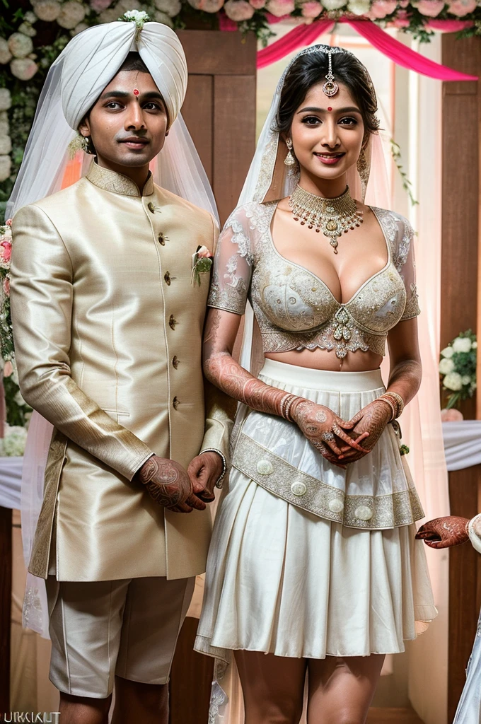 (( Indian Mother and son getting married picture:1.5)), Ultra detailed photo of a ultra sexual incredibly gorgeous Indian 32 year old sexy angelic supermodel mother bride, ((ultra sexy bridal miniskirt:1.5)), mystical lights, backlit, ((very detailed faces)), focus on face, (very deep cleavage:1.5), ink lines, dynamic, modern, awe inspiring, whimsical, complex, dreamlike, magical, visually stunning, high contrast, soft colors, high quality fingers, normal hands, detailed fingers, Absurd resolution, ((high resolution:1.5)), (masterpiece: 1.4), super detailed, (((detailed face, detailed expression)), (realistic, photo-realistic:1.37), (full body:1.5), (masterpiece), best quality, ultra beautiful woman, slender legs, sexy slender legs, thin waist, blonde hair, bright blue eyes, cute round ass, with a fun quirky smile, unbuttoned blouse, view from the front