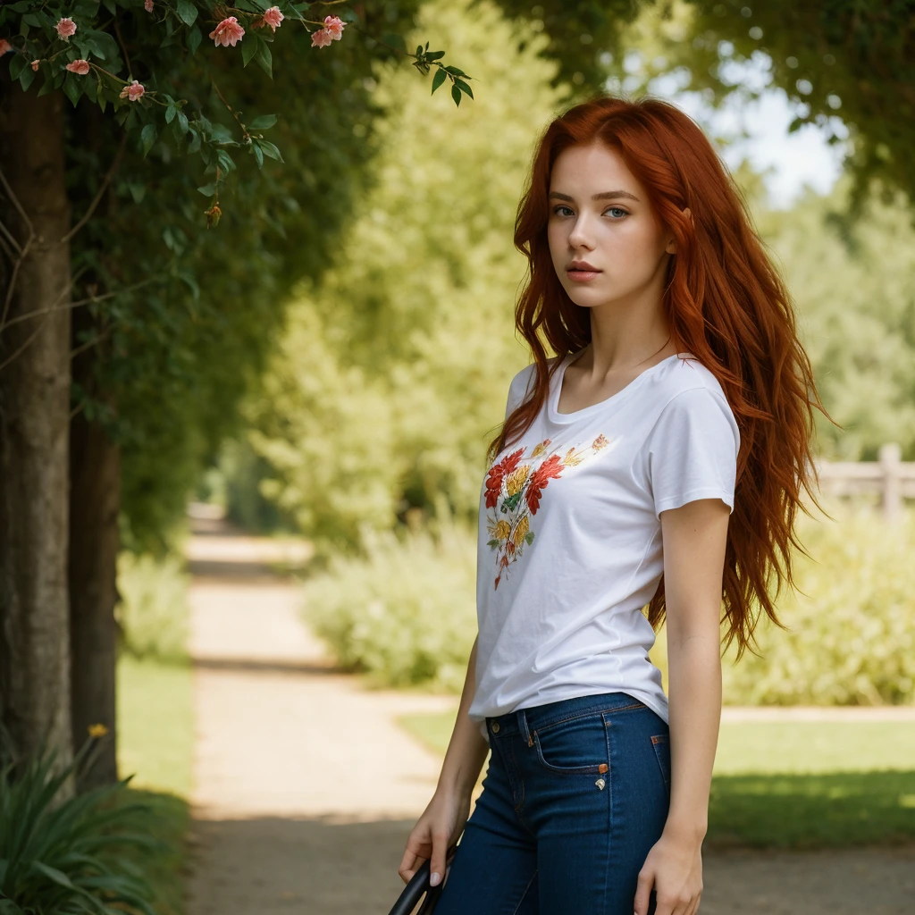 (((Masterpiece))), 25-year-old Caucasian French girl with shoulder-length messy red hair, adorned with , blooming hair akin to a royal . Captured in the best quality, this illustration serves as a 4K wallpaper, black denim katana, cream T-shirt, black leggings, black Nike shoes, full silhouette, sunny day.