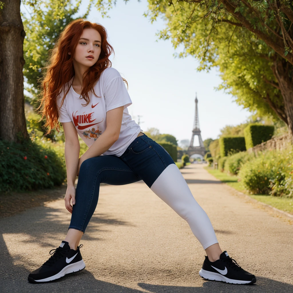 (((Masterpiece))), 25-year-old Caucasian French girl with shoulder-length messy red hair, adorned with , blooming hair akin to a royal . Captured in the best quality, this illustration serves as a 4K wallpaper, black denim katana, cream T-shirt, black leggings, black Nike shoes, full silhouette, sunny day.