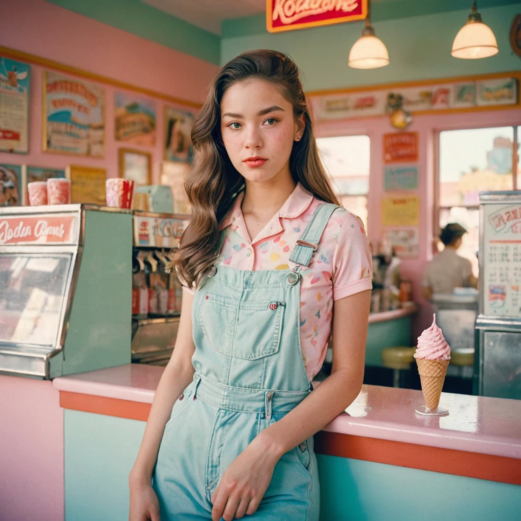 Portrait MagMix Girl look at camera, long hair, Overalls, Retro ice cream parlor with pastel-colored walls, a classic soda fountain counter, and vintage ice cream posters, bathed in warm sunlight, analog film photo, Kodachrome. opens her legs
