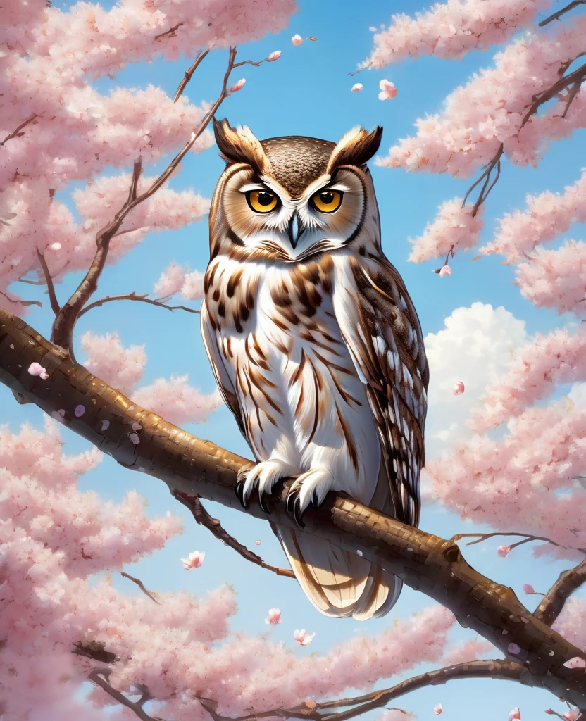A realistic owl, known for bringing good luck, is perched on a branch of a cherry blossom tree in full bloom. The owl's feathers are intricately detailed, with shades of brown and white, and its large, wise eyes seem to gleam with a mystical light. The cherry blossoms around it create a picturesque scene, with delicate pink petals falling gently in the breeze. Below, a traditional Japanese house with a tiled roof and wooden beams is visible, adding to the serene and auspicious atmosphere. The entire scene exudes a sense of peace, harmony, and good fortune."
