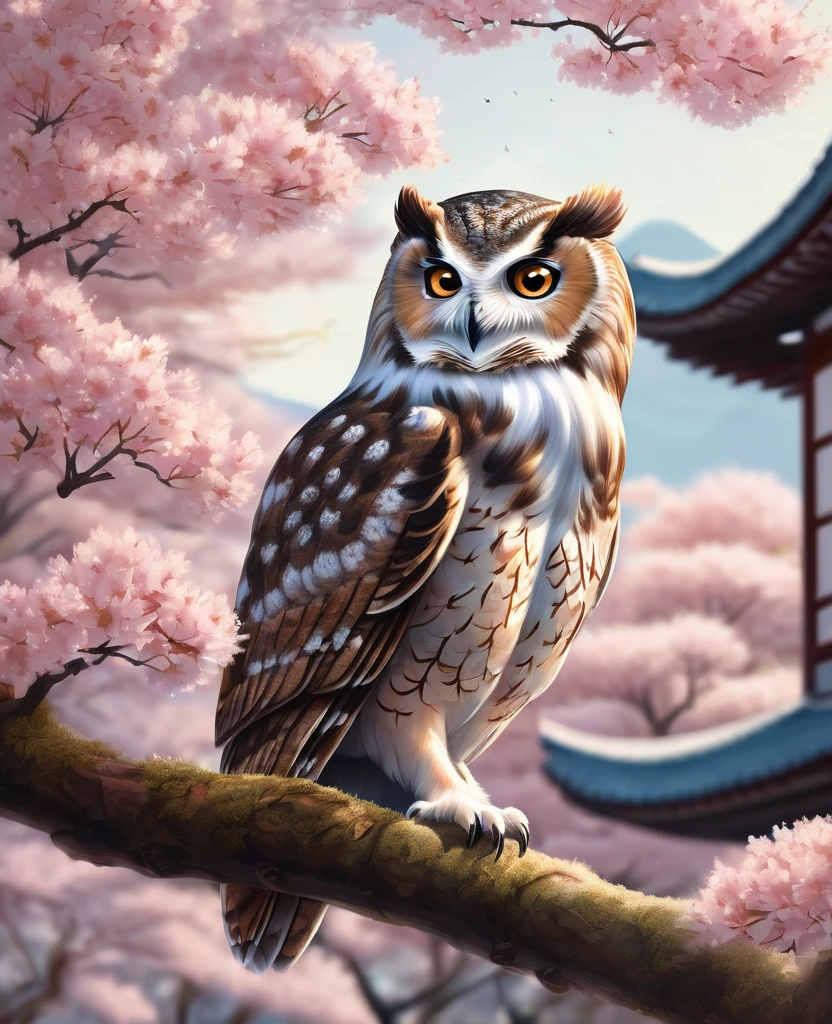 A realistic owl, known for bringing good luck, is perched on a branch of a cherry blossom tree in full bloom. The owl's feathers are intricately detailed, with shades of brown and white, and its large, wise eyes seem to gleam with a mystical light. The cherry blossoms around it create a picturesque scene, with delicate pink petals falling gently in the breeze. Below, a traditional Japanese house with a tiled roof and wooden beams is visible, adding to the serene and auspicious atmosphere. The entire scene exudes a sense of peace, harmony, and good fortune."