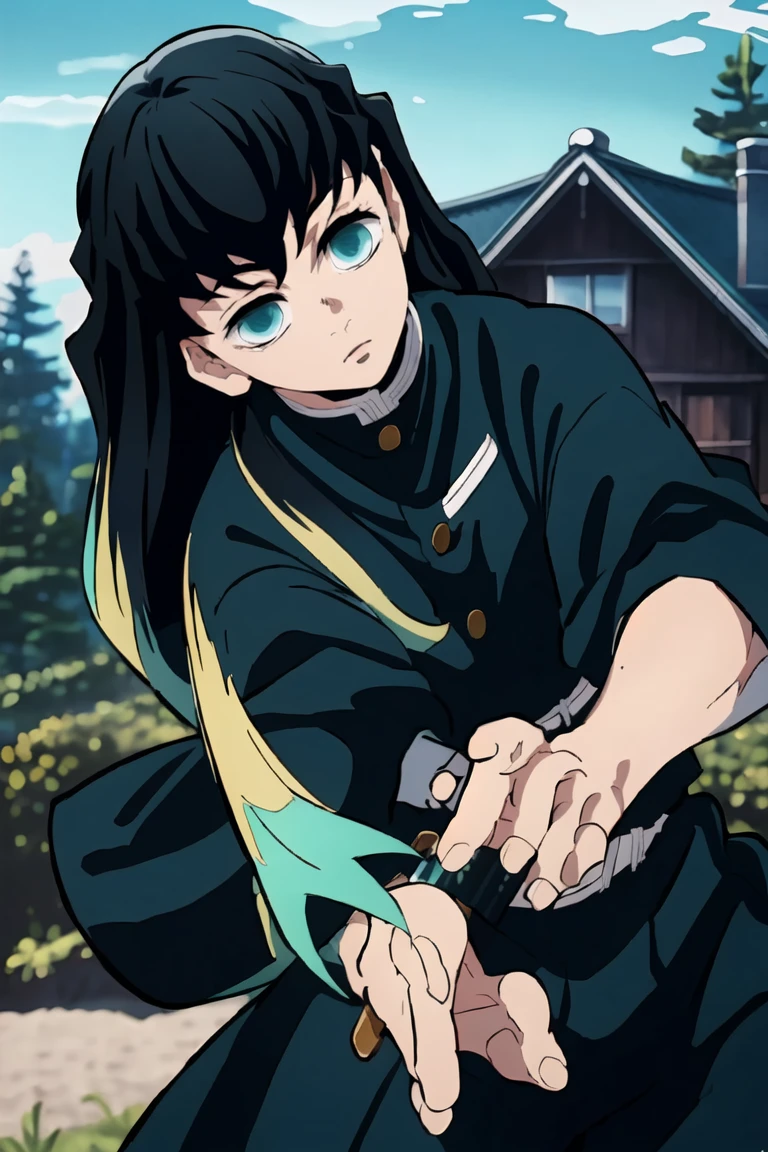 masterpiece, Best quality, (1 boy:1), Demon Slayer Uniform, One, long hair, looking at the viewer, bang, black hair, sea green eyes, multicolored hair, Tokito_Muichiro, weapon , male focus, trousers, (( village with wooden house)), daytime,  