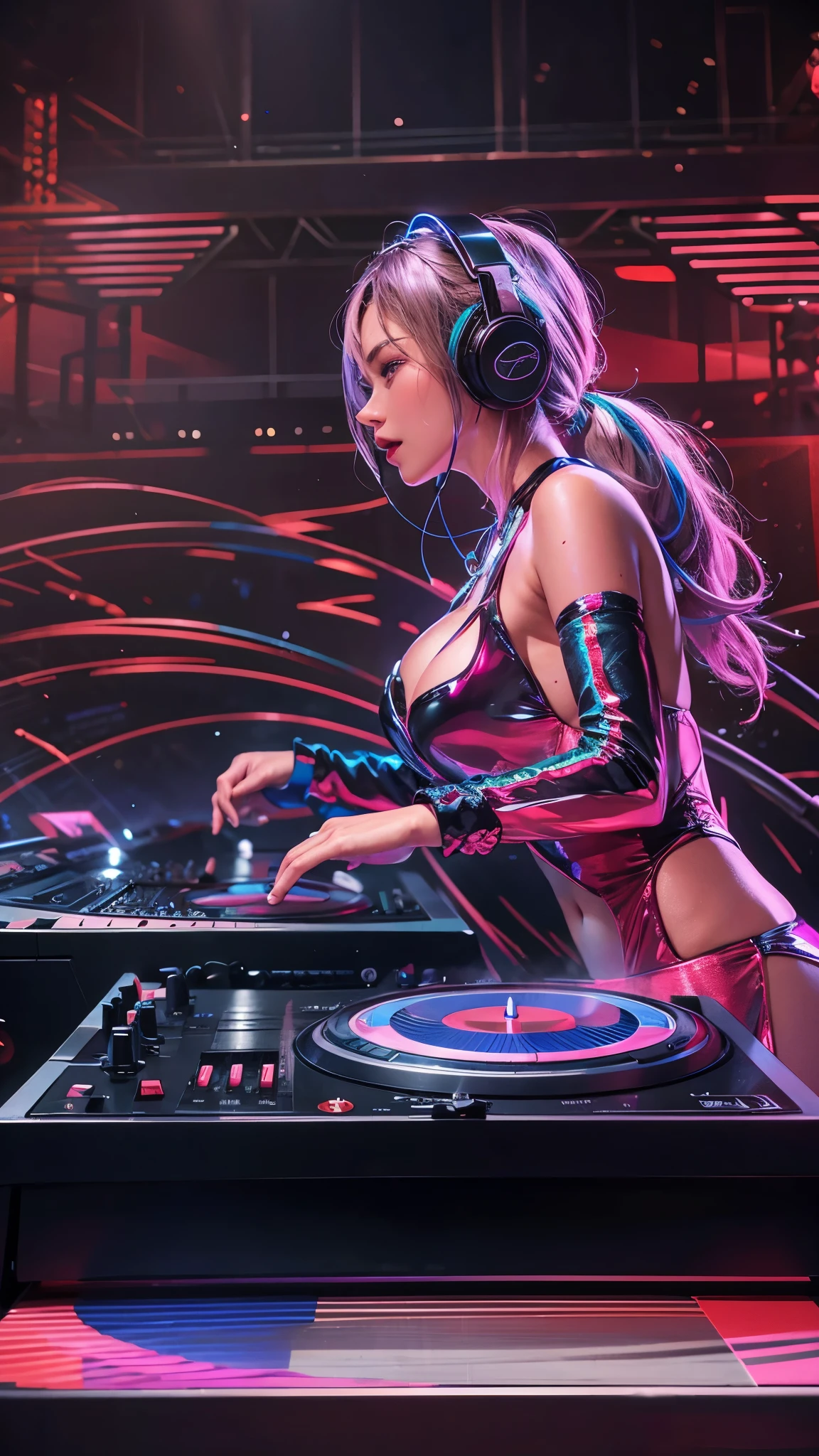 A beautiful woman with super big breasts but a tight slim body is DJing in a flashy costume with headphones around her neck. In a lively dance hall. Her costume is damp with sweat, and the shape of her nipples is clearly visible.