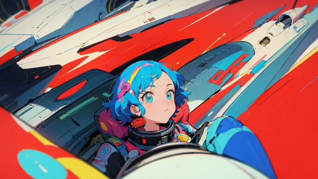 A cartoon character wearing a space suit and flying an airplane, Portrait Anime Astronaut Girl, Pilot Girl, cute Pilot Girl, Lo-fi Girl, Akira art style, Macross Style, Akira-style illustration, style of akira motion movie, M cross, Akira Vibe, Inspired by Josan Gonzalez, Lofi Art, Admire the art style, 80s anime art style,girl,Shortcuts