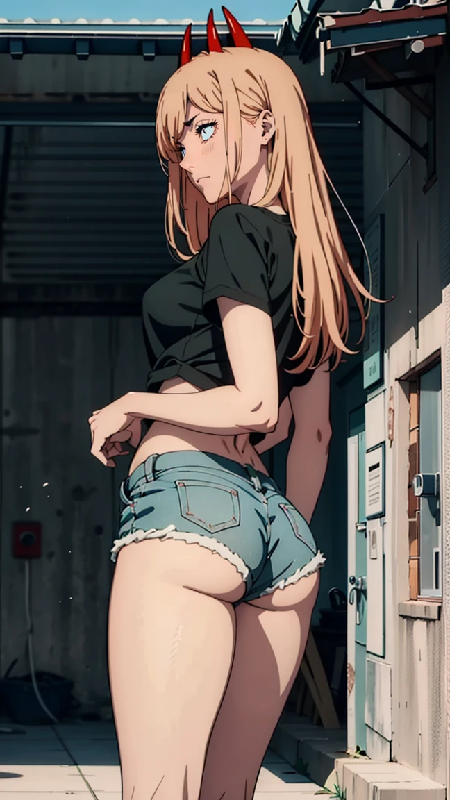 ultra sharp image, beautiful figure, beautiful, full length (full body 1.1.), slender legs, Buttocks, slender legs, Wasp waist, erotica, sexy pose, Mouth open in a smile, sharp teeth, laughing, yellow eyes, Ultra detailed face, Ultra transparent, Chainsaw Man Energy, Two red sharp horns on the head, ultra sharp image, very beautiful, long hair, blonde, beautiful figure, tight clothes, T-shirt with the image of a cat, denim shorts, shoes, Red crosses and circles instead of pupils, Beautiful body, sexy clothes, Beautiful eyes, very detailed eyes, Very detailed face, Beautiful body, Chereter Design, Very detailed, detailed body, detailed hands, detailed, Bright, detailed Face, sharp focus, clap, Artgerm, Anime art, Bright, detailed Face, Hugh Details, sharp focus, Very downcast face, detailed eyes, Super lovely illustration, best shadow, finely detail, beautiful detail