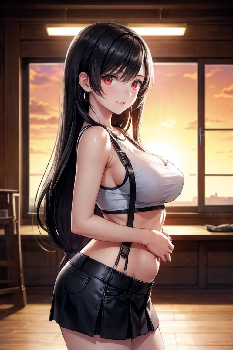 from side.,thighs angle,straight-on,standing,arms behind back,Realistic,(UHD), ((Highest quality, Very delicate and beautiful, High resolution)),(hyper digital),(cute:1),(One girl:1.3), faint lips,Tifa_Lockhart, red eyes,, Black mini skirt, Tank top,suspenders, Black Hair, Long Hair, Elbow hand pockets, Beautiful and detailed red eyes, Face Light, belly button, High exposure, abdomen,abs,, high expose one's stomach.rib, Abdominal muscles, (big breasts:1),beautiful,(smile,).(mediumshot),hands in hair,sharp focus,(cinematic lighting,professional lighting),sunset is indoor,gamma,