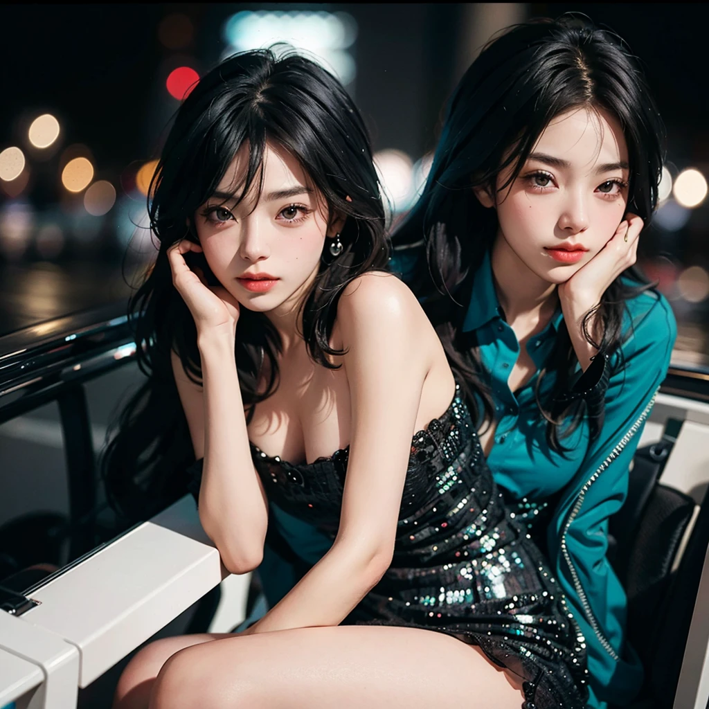 ((High quality, 8k, perfect quality, realistic)), beautiful, perfect face, looking out the window, morning, ((dark room)), Before bed, restless, Short dress, looking at the window, city night view, color black and cyan hair, night city, ((lights off)), facing the audience
