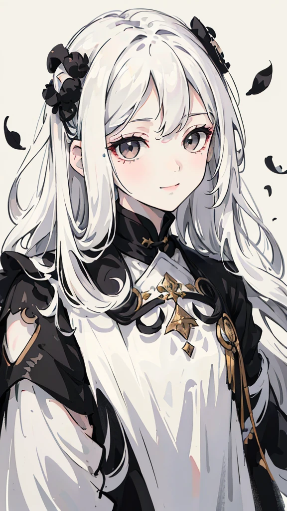 Woman , long wavy white hair, long wavy white hair , long wavy hair, long wavy hair, black eyes, black eyes, FOV, f1.8, masterpiece, front portrait shot, black and white casual modern clothing, plain white colored background with black petals, black petals, close up, smiling