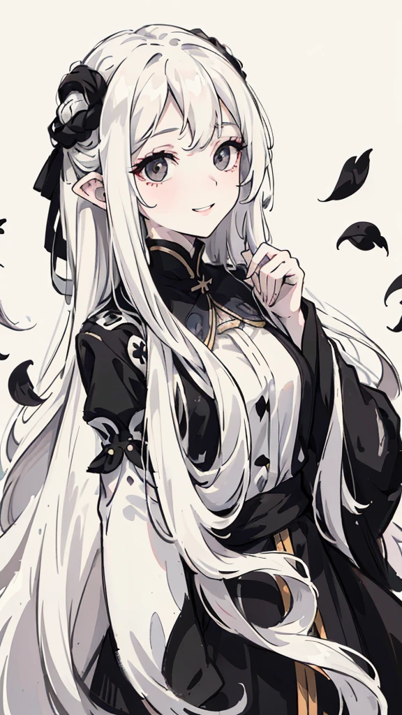 Woman , long wavy white hair, long wavy white hair , long wavy hair, long wavy hair, black eyes, black eyes, FOV, f1.8, masterpiece, front portrait shot, black and white casual modern clothing, plain white colored background with black petals, black petals, close up, smiling