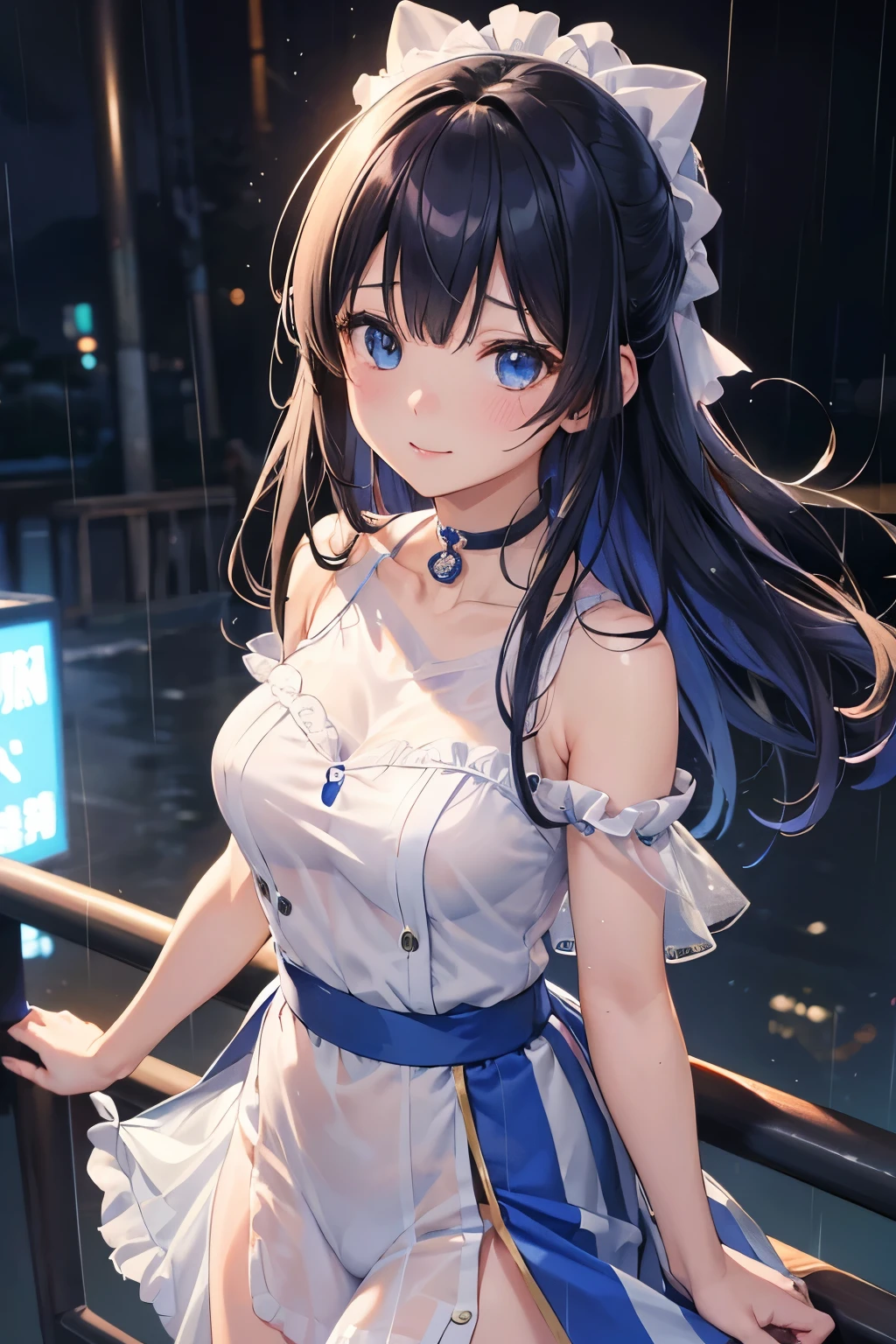 One Girl、My name is Mei、Gazing at the audience。 outside、野outsideコンサート、屋outsideコンサート、heavy rain、Soaking wet and see-through outfit、(outside、heavy rain、heavy rainでびしょ濡れの野outsideコンサート、The costume is see-through)、Beautiful Blue Eyes、Black Hair、Pink striped hair、bangs、Shoulder-length hair、Mole under the eye、Plump and glossy lips、Heart-shaped choker、Idol、smile、heavy rainでびしょ濡れになっている、野outsideステージ、ー、。。。。。。。。。。。。。。。。。。。。。。。。。。。。。。。。3D、Real、 dance team uniform, masterpiece、Highest quality、8k、Detailed skin texture、Detailed cloth texture、Beautifully detailed face、Intricate details、Very detailed、 Ultra-high resolution、8K Ultra HD、Film Grain、Best Shadow、delicate、Gazing at the audience、front