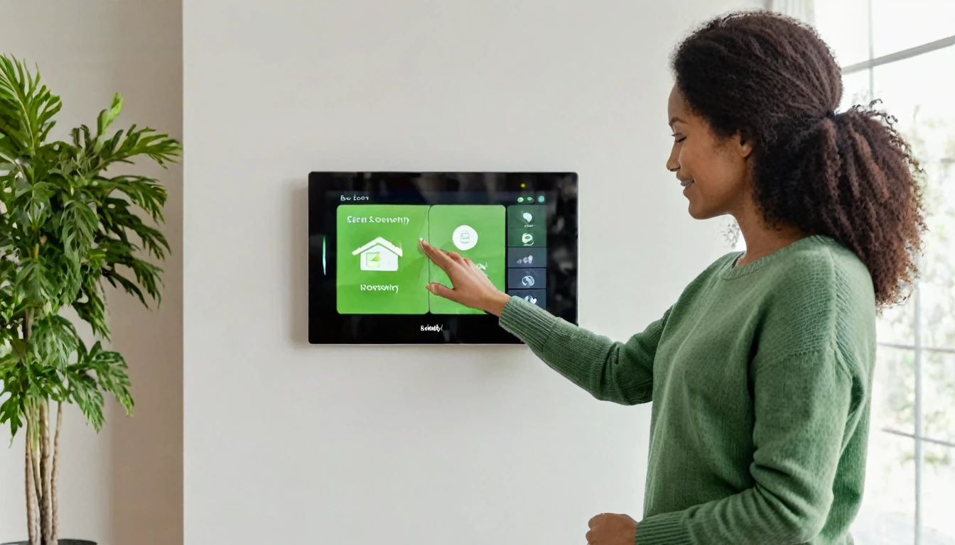 At 7 PM in a cozy, modern living room, a woman wearing a casual green sweater and jeans is interacting with a large, wall-mounted touchscreen controlling various aspects of her smart home. The screen displays options for lighting, temperature, and security systems. The room has contemporary furniture, indoor plants, and dim ambient lighting creating a warm atmosphere. The camera is positioned at eye level, focusing on the woman's hand touching the screen, with the room's decor softly blurred in the background